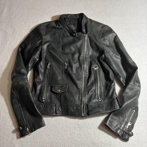 Zara Leather Jacket Womens Medium Moto Biker Asymmetrical Zip TRF Outerwear